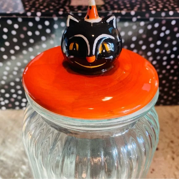 Johanna Parker Black Cat Large Glass Candy Jar Head Lid Vintage Style Transpac - Picture 7 of 10
